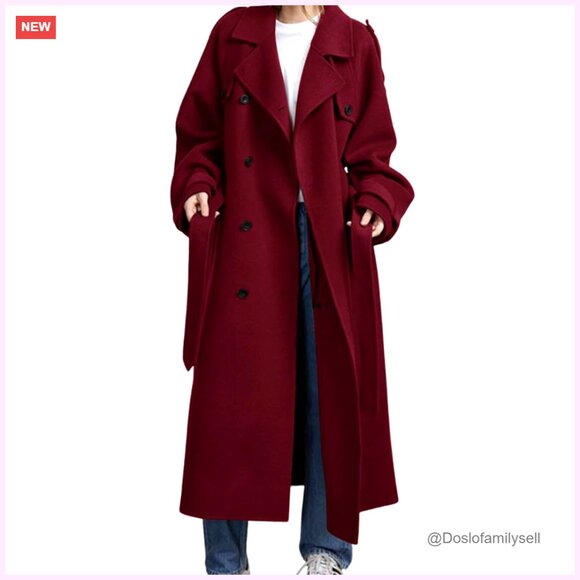 Double Breasted Wool Trench Coat Midi Length Notch Lapel Belted Winter Coat